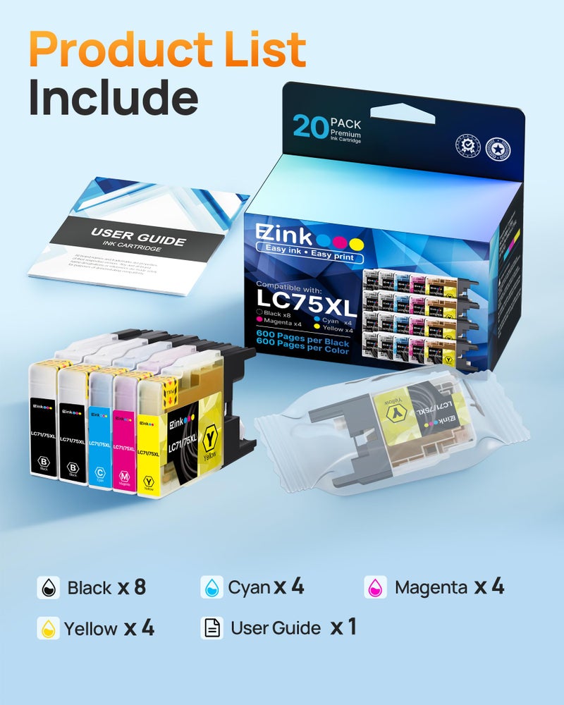 E-Z Ink LC75XL Ink Cartridges Compatible for Brother LC75 Ink Cartridge LC 75 LC71 LC79 XL to Use with Brother MFC-J430W MFC-J6510DW MFC-J6710DW 20 Pack (8 Black, 4 Cyan, 4 Magenta, 4 Yellow) - Image 5
